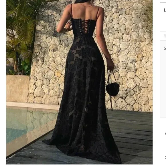 House of CB 'Seren' Black Floral Lace Back Maxi Dress NWOT size XS regular  A-C
